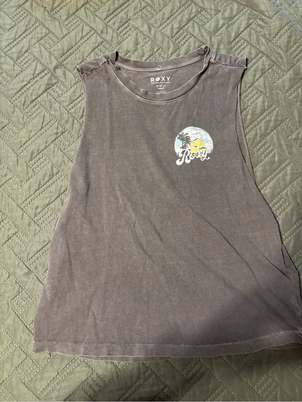 Roxy Faded Charcoal Sleeveless Tee with Sunset Palm Graphic